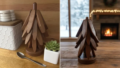 tree-shape foldable wooden trivet 4 pcs with stand