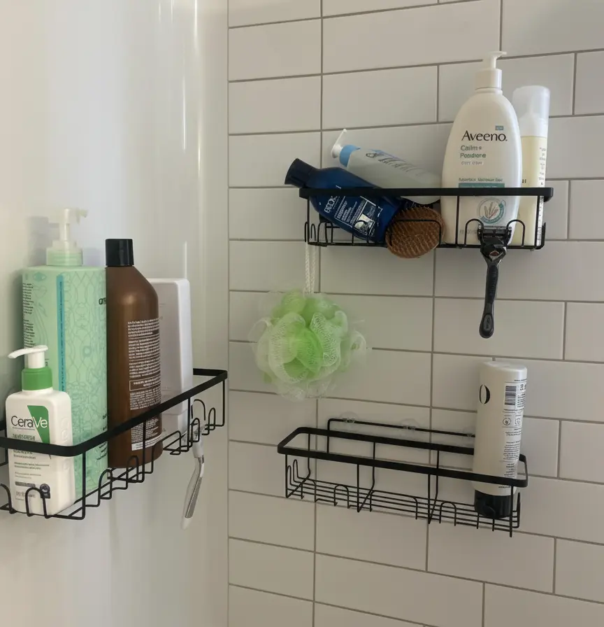 Veken 6 Pack shower caddy complete set showing three caddies soap holders and toothbrush holder