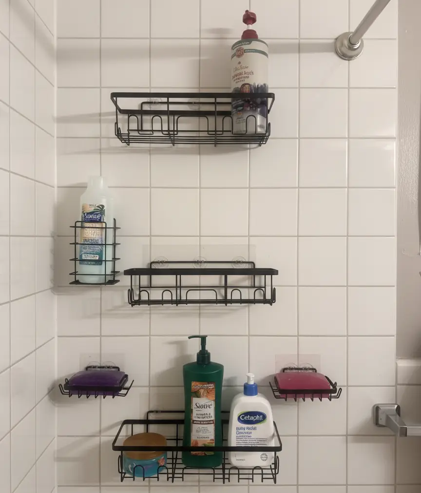 Veken rustproof shower caddy 6 pack in black stainless steel on white background