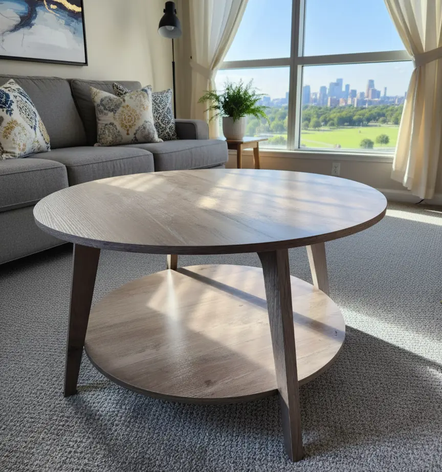 round coffee table with storage shelf